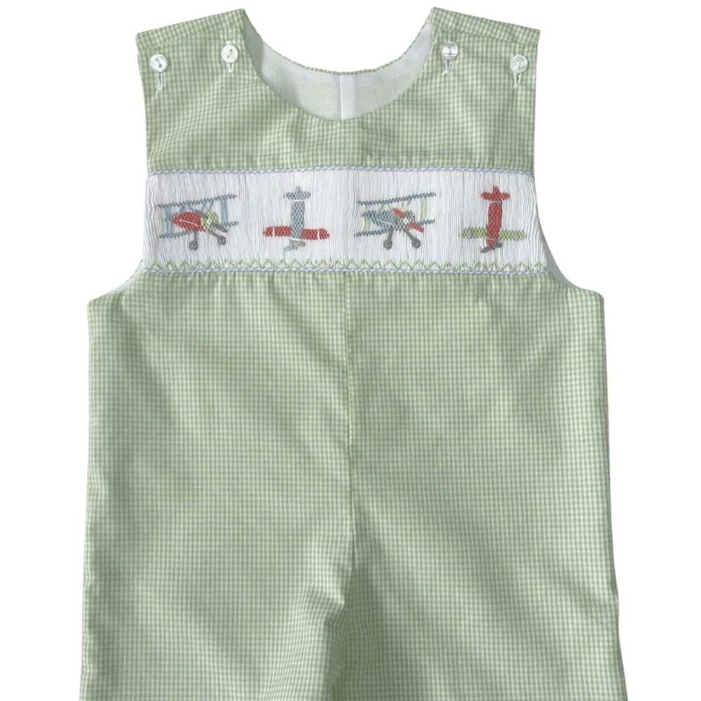 Smocked Airplane Gingham One-Piece in Light Green